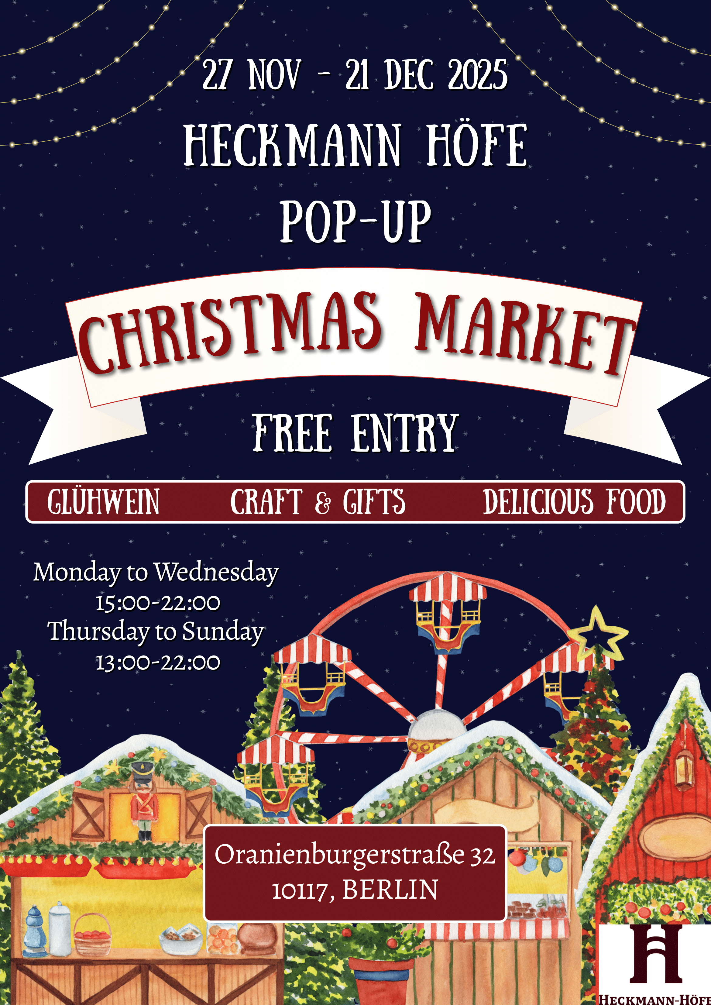 <p>Weihnachtsmarkt in den Heckmann Höfen: Pop-Up von 27.11.–21.12. mit Glühwein, Craft & Gifts und leckerem Essen.</p>