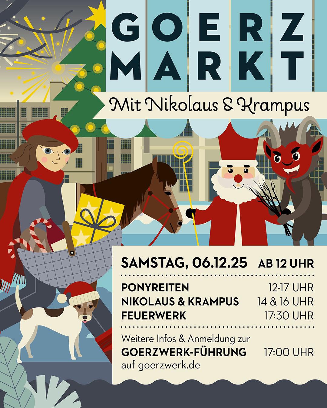 <p>Goerzmarkt mit Nikolaus & Krampus: 06.12. von 12–17 Uhr mit Ponyreiten, Nikolaus & Krampus um 14 & 16 Uhr und Feuerwerk um 17:30 Uhr.</p>